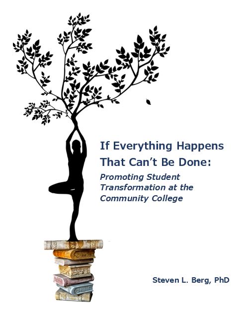 Title page for If Everything Happens that Can't Be Done. It should someone practicing yoga while standing on a stack of book. Branches are growing out of their upraised hands.