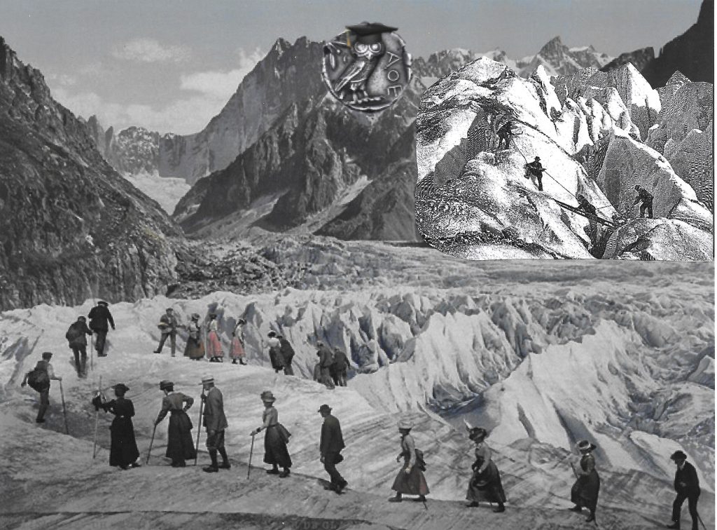 People climbing to the top of a snow covered mountain.