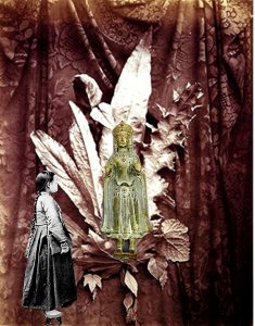 A young student holding a book stands in front of Guan Yin, the bodhisattva of compassion.